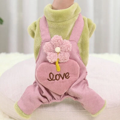 Cute Flower Love Pattern Pet Dog Jumpsuit Clothes Warm Fleece Puppy Cat Outfit - Image 1 of 4