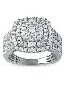 Juego de anillo de boda doble halo de oro blanco de 10 quilates con forma de cojín de diamantes - Imagen 1 de 10