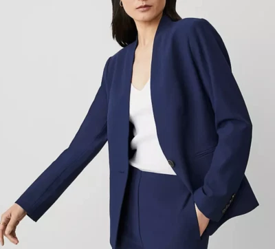 CHAQUETA BLAZER NUEVA CON ETIQUETAS ANN TAYLOR AZUL ZAFIRO PURO CORTE BI-ELÁSTICO TALLA 00 Foto 1 de 4