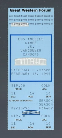 WAYNE GRETZKY GOAL #806 - VINTAGE 1995 CANUCKS @ LOS ANGELES KINGS FULL TICKET Cover