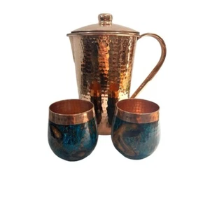 Authentisches mexikanisches Handwerk Kupfer Set: 1 glänzender Krug und 2 blau marmorierte Becher - Bild 1 von 16