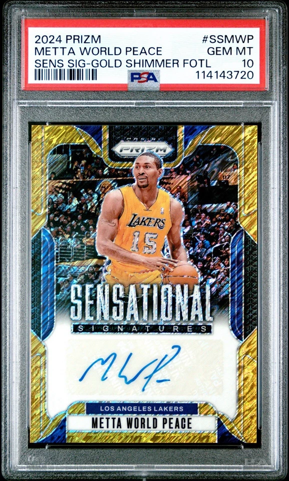 PANINI PRIZM META WORLD PEACE 2024 BRILLO DORADO AUTOMÁTICO/10 PSA 10 POP 1 Lakers Foto 1 de 3