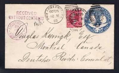 USA 1893 Cover to Canada #U348. MONTREAL RECEIVED WITHOUT CONTENTS German Consul - Image 1 of 2