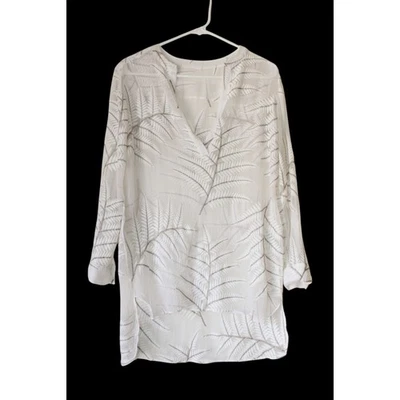 Alice + Olivia 100 Silk fern Print White Sheer Top Long Sleeve Tunic Size Large? - Image 1 of 4
