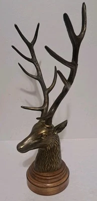Brass Stag Head On Wooden Base 12 Point Buck Beautiful No Maker - Image 1 of 4