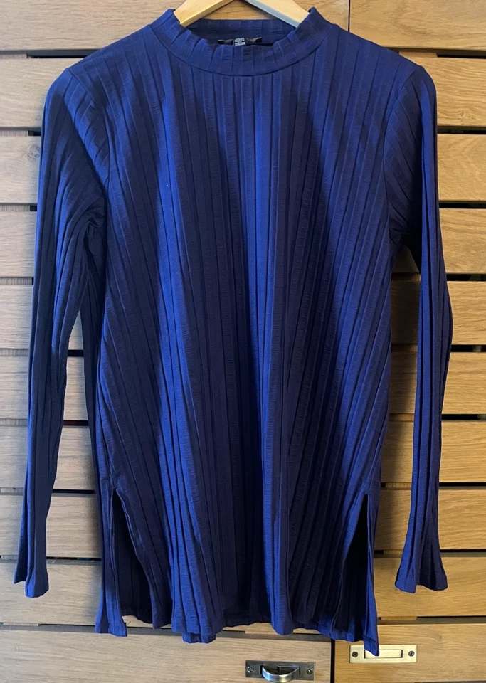 Suéter túnica Eileen Fisher azul tejido acanalado elástico tencel abertura lateral S Foto 1 de 4