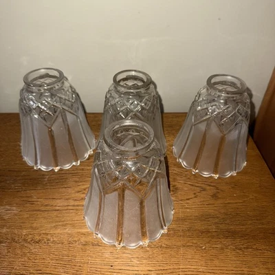 Fancy Tulip Shaped Frosted/Clear Ribbed Glass Light Shade Globe Set Of 4 - Image 1 of 3