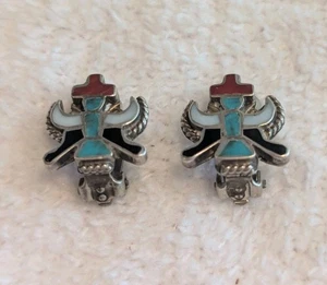 Vintage Zuni Inlay Sterling Clip On Earrings Turquoise Onyx Coral Silver 925 - Picture 1 of 7