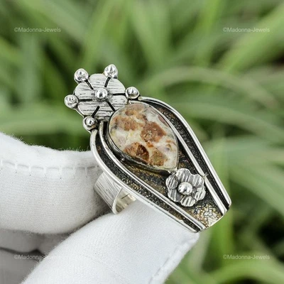 Spessartine Garnet In Limestone Stone 925 Silver Solitaire New Ring Jewelry US 8 - Image 1 of 4