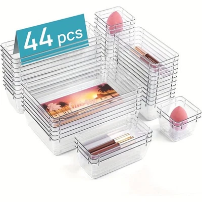 44pcs Draw Organiser Plastic Box Desk Drawer Fridge Trays Makeup Storage Divider - Image 1 of 4