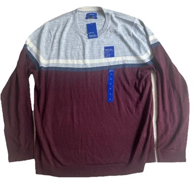 APT. 9 Men’s XL Merino Wool Blend Sweater Gray Burgundy Stripe Crewneck NWT - Image 1 of 4