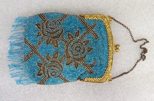 Borsa borsetta antica a rete micro perline art deco nouveau blu vittoriano - Foto 1 di 5