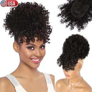 Drawstring Afro Puff Short Curly Updo Ponytail Bangs Hair Extensions Hairpieces - Picture 1 of 12