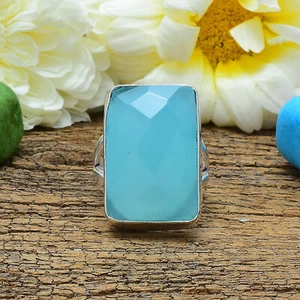 Impresionante Aqua Calcedonia Gema 925 Plata de Ley Handmade Anillo Todo Talla - Imagen 1 de 4