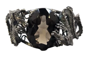 Very Unusual Mid-Century Thai Sterling Silver & Smoky Quartz Dragon Bracelet - Picture 1 of 8