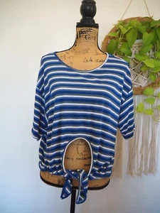 Opening Ceremony Blue White Striped Ribbed Short Sleeve Top Tie Waist Size Large - Picture 1 of 11