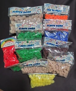 Lot Of 11 Varied Sized Individual Packages Fluffy Pom Poms Tan Green Red Blue - Picture 1 of 6