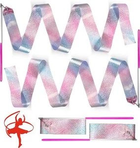 2 Stück Funkelnde Tanzbänder Streamer, Gymnastikbandstäbe Rhythmusstäbe - Bild 1 von 6