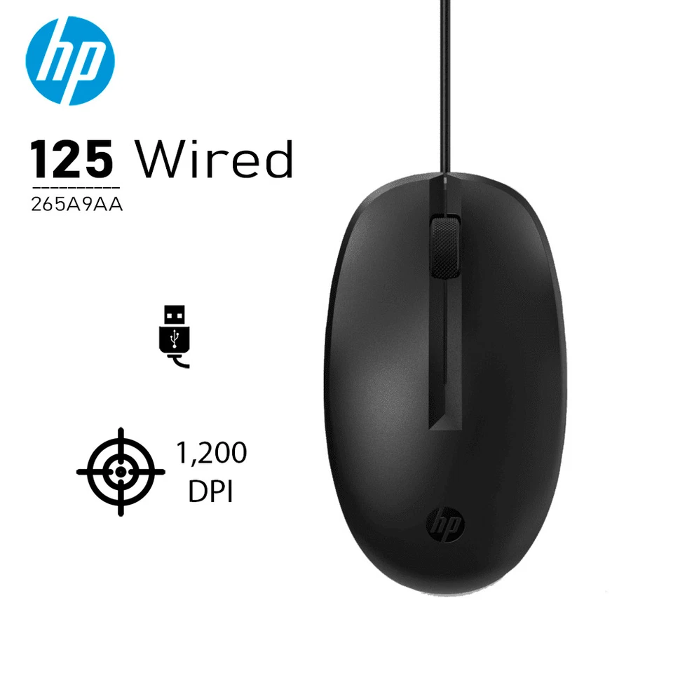 Genuine HP 125 Wired USB Optical Mouse with Scroll Wheel - Black 265A9AA - Image 1 of 1