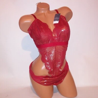 Cacique Lingerie Bodysuit Teddy One Piece Red Metallic Shimmer Lace Sheer Thong - Image 1 of 4