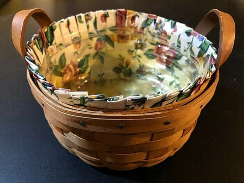 Vintage Longaberger Button Basket w/2 Leather Handles, Liner, Plastic Protector Cover