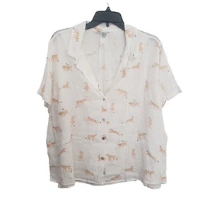 Rails Shirt Womens XL White Zuma Top Jungle Cat Leopard Print Linen Boxy - Picture 1 of 18