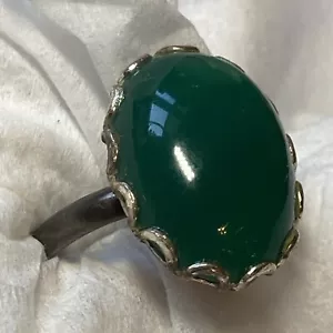 Signed STERLING Silver RING Sz 5.5 Green Cabachon scalloped bezel Stone Old Vtg - Picture 1 of 12