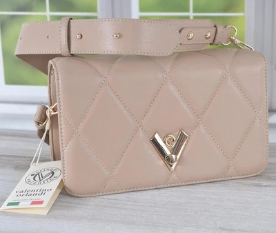 Nuevo Bolso Bandolera Cartera VALENTINO ORLANDI $279 Acolchado Cuero Solapa BEIGE Foto 1 de 4
