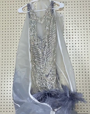 Antique Sheer Sequined Long Formal Showgirl Style Dress w/ Feathers Size Small - Image 1 of 4