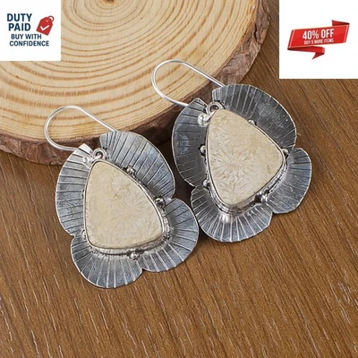 Oferta de Natal 925 Prata Extravagante Genuíno Branco Fóssil Coral Novos Brincos Joias - Imagem 1 de 4