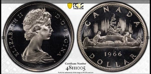 :1966 S1$ DOLLAR LARGE BEADS ELIZABETH-II CANADA PCGS PL 67 CAM TOP-POP RARE R7 - Picture 1 of 3