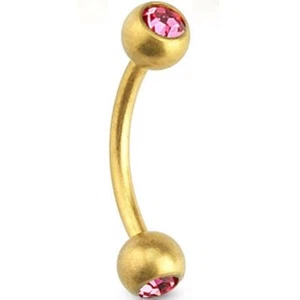 Eyebrow Rook Curve Gold IP w/Pink Gems 3mm Balls 16 Gauge 3/8" Barbell SET of 2 - Picture 1 of 4