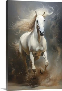 Wild Mustang a White Horse Running Stretched Canvas Wrap Print Vintage Painting - Picture 1 of 1
