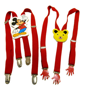 2 Pair Kids Suspenders Disney Mickey Mouse & Teddy Red Adjustable VGC Fast Ship