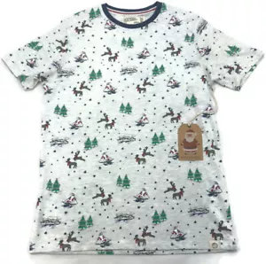 Men's Christmas T-Shirt Free Planet Mountains Deer Skiing Santa Short Sleeve Sm - Picture 1 of 10