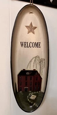 Primitive Hand Painted Wood Welcome Wall Hanging House & Sheep By Pat Fischer - Image 1 of 4