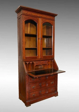 Antique Late 19th Century Burlwood Accented Walnut Drop Front Secretary Desk Cover