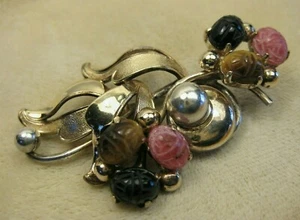 Extraordinary Vintage Foster Gold Tigers Eye Black Onyx Scarab Beetle Pin Brooch - Picture 1 of 8