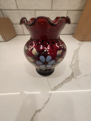 Vintage Anchor Hocking Royal Ruby Hand Painted Bud Vase With Flowers 4 Inches - Image 1 of 4
