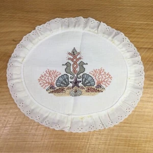 Vtg Completed Cross Stitch Sea Horse Shells Ocean Unframed Oval Cottage 12.5" - Picture 1 of 12