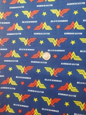 Wonder Woman Believe in Wonder Fabric Blue Background Cotton By the Yard  - Image 1 of 4