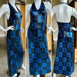 Louis Feraud Paris Vintage 70's Disco Era Tartan Sequin Halter Evening Dress - Picture 1 of 10