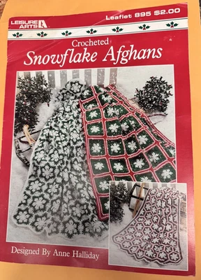 Leisure Arts #895 SNOWFLAKE AFGHANS CROCHET leaflet Anne Halliday 1990 HEXAGONS - Image 1 of 4