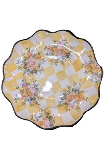 9” Mackenzie Childs Fluted Yellow Lemon Curd Plate With Gold Rim Damaged - Picture 1 of 4