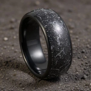 Black Tungsten Ring w/ Meteorite Men's Wedding Band Men's Ring 8mm - Picture 1 of 3
