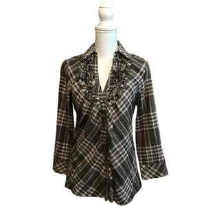 Joie Womens Blouse Top Size S Ruffle Button Front Black White Plaid - Picture 1 of 9