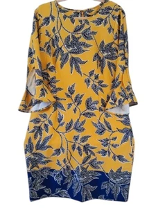 Neu mit Etikett Ile New York Damen gelb blau Blumen Kleid 3/4 Ärmel Gr. 16 edel - Bild 1 von 6