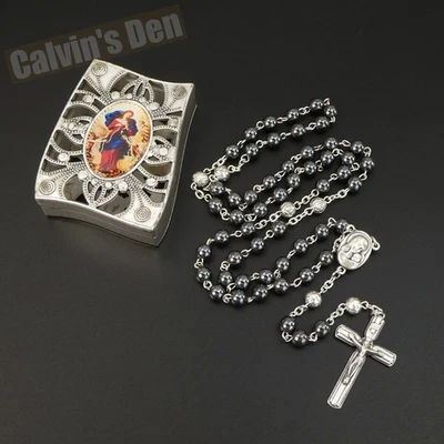 赤铁矿珠念珠项链 圣土 Terra 耶路撒冷玫瑰花蕾十字架 意大利 — 第 1/4 张图片