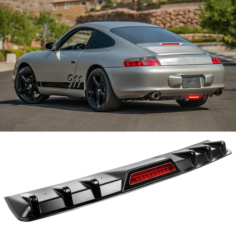 Labio difusor de parachoques trasero + luz LED de freno negro brillante para Porsche 911 Carrera Foto 1 de 4