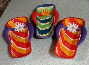 Set of 3 Clay Art Flip Flop Multi-Colored Ceramic Snack Dip Bowls 9" x  5" - Picture 1 of 3